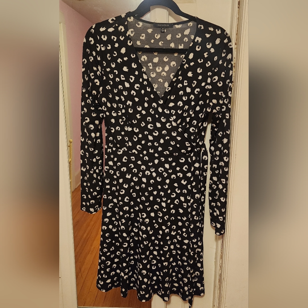 Faux Wrap Black and White Leopard Print Dress